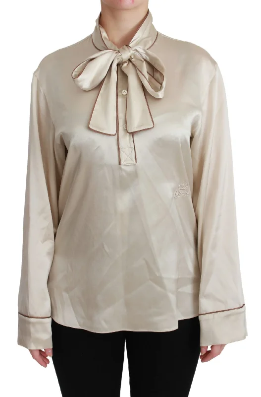 Style Revolution Dolce & Gabbana Elegant Beige Silk Satin Blouse with QUEEN Embroidery Bohemian Vibe