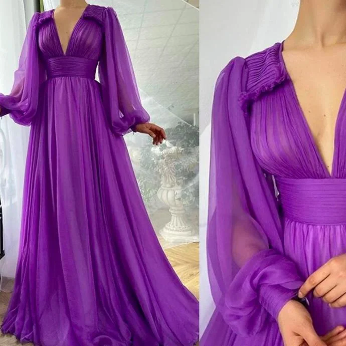 Sophisticated Fashion purple prom dresses 2020 deep v neck pleats long sleeve a line chiffon long evening dress   cg13436 Everyday Glamour