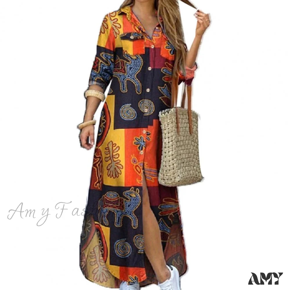 Forward Trendsetter Amy Fashion - Single-breasted Long Sleeve Printed Loose Shirt Dress Flowy Fabric