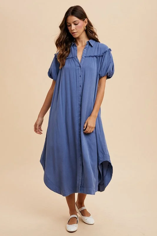 Latest Fashion Annie Wear Mineral Washed Button Down Puff Sleeve Shirt Dress Timeless Elegant