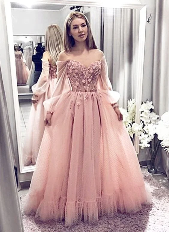 Summer Deals Pink Off The Shoulder Long Sleeve Long Cheap Tulle Prom Dresses With Applique cg945 Elegant Details