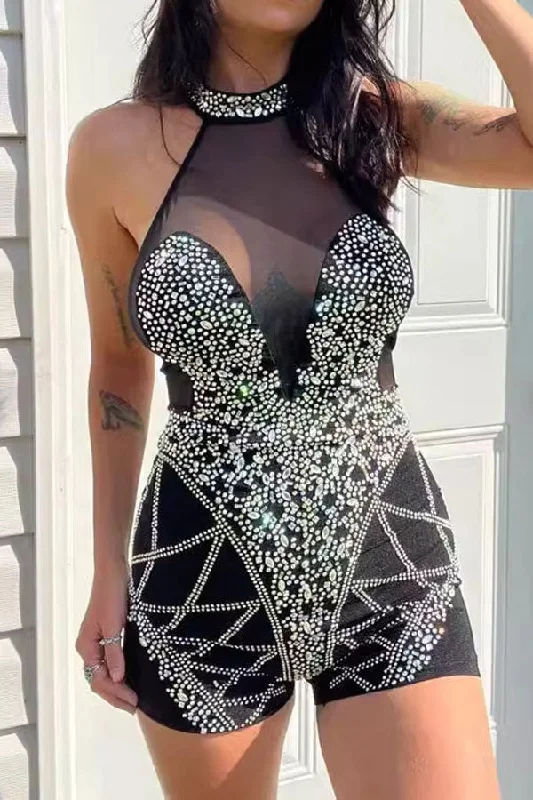 Urban Style Promotions Rhinestone Party See-Through Bodycon Romper Vintage Retro Party Wear