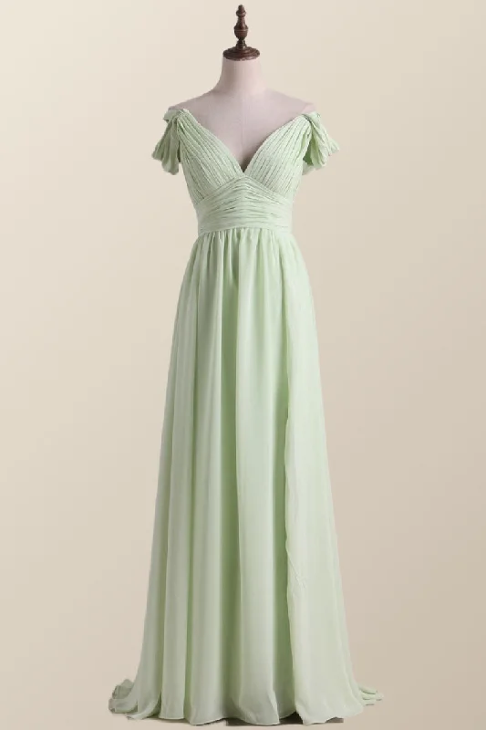 Modern Chic Discounts Empire Sage Green Chiffon Pleated V Neck Bridesmaid Dress Exquisite Craftsmanship