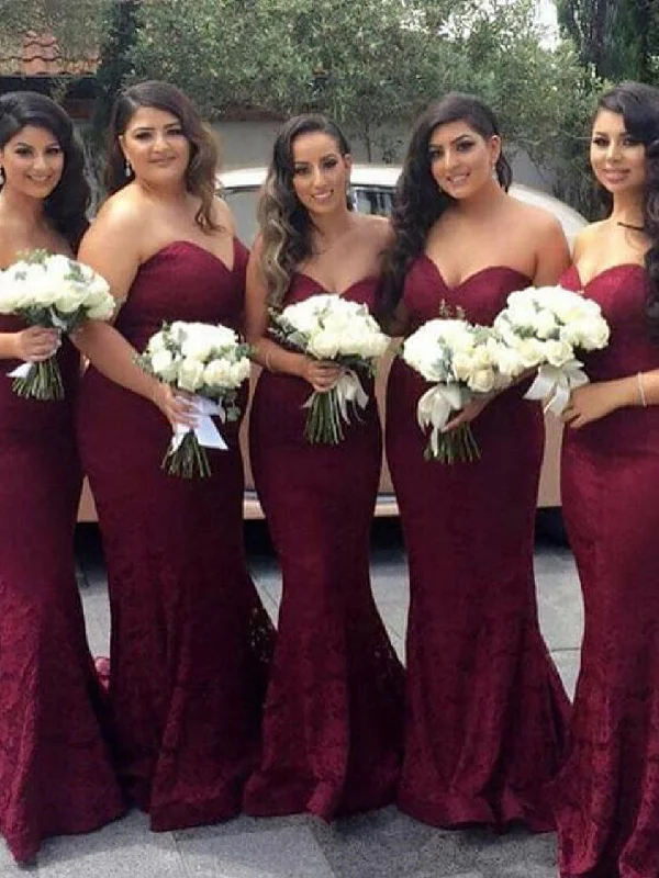 Fashionable Comfort Promotions Strapless Mermaid Long Burgundy Lace Bridesmaid Dress Elegant Contour