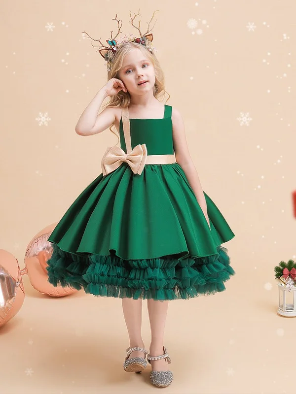 High-End Style Discounts Cute Tiered Ball Gown Straps Satin Christmas Dresses for Girls Statement Piece