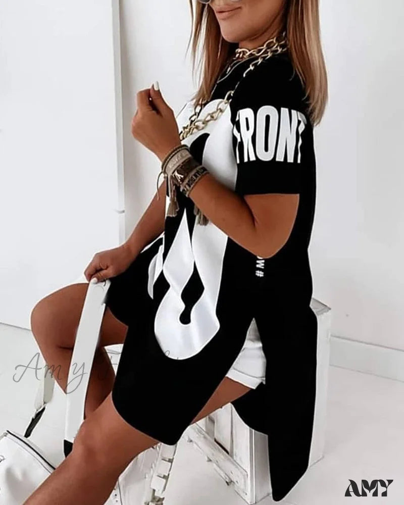 Chic And Edgy Amy Fashion - Female Letter Print Dip Hem T-Shirt Dress Dreamy Aesthetic