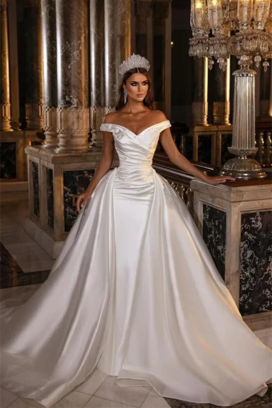 Limited Edition Off the Shoulder Ivory Satin Wedding Dresses, 2 Pieces Wedding Dresses, Bridal Gown Bold Patterns