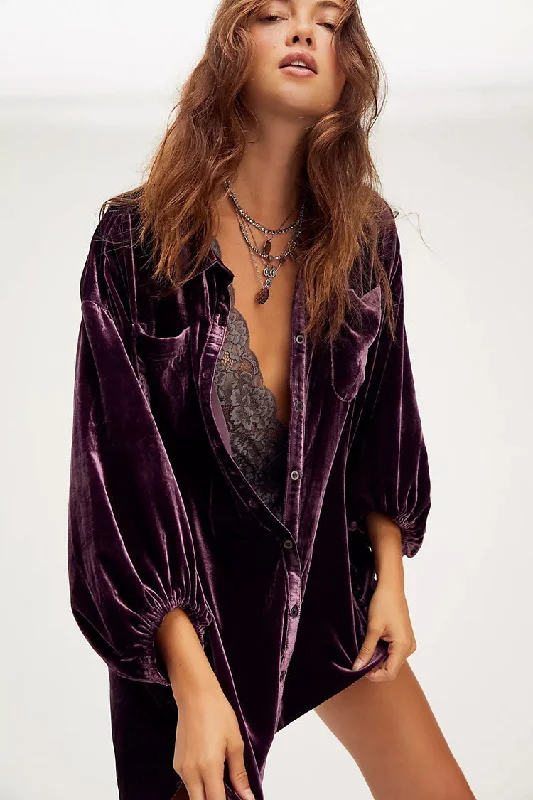 Chic Style, Always In Vogue Vintage Bishop Sleeve Button Up Velvet High Low Shirt Dress - Purple Graceful Drape