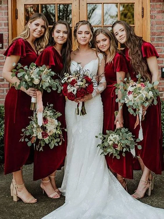 Buy More, Save More Winter Velvet V-neck Bridesmaid Dresses High-Low Tea-Length Wedding Party Dress Y2K Nostalgic Fashion Look