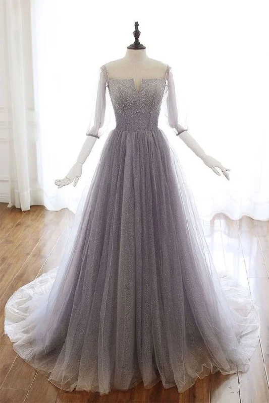 High-End Style Discounts Stunning Light Purple Tulle V Neck Long Sleeve Prom Dress, Formal Dress  cg5771 Effortless Comfort