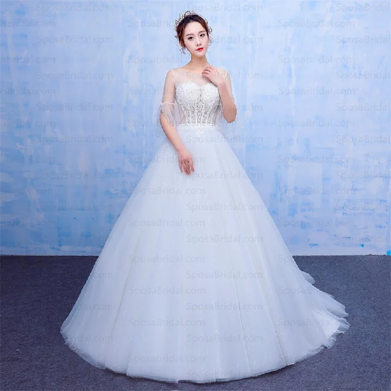 Trendy Street Style New Design A-line White Top See-Through Half Sleeves Modest Wedding Dresses, WD0220 Luxury Style