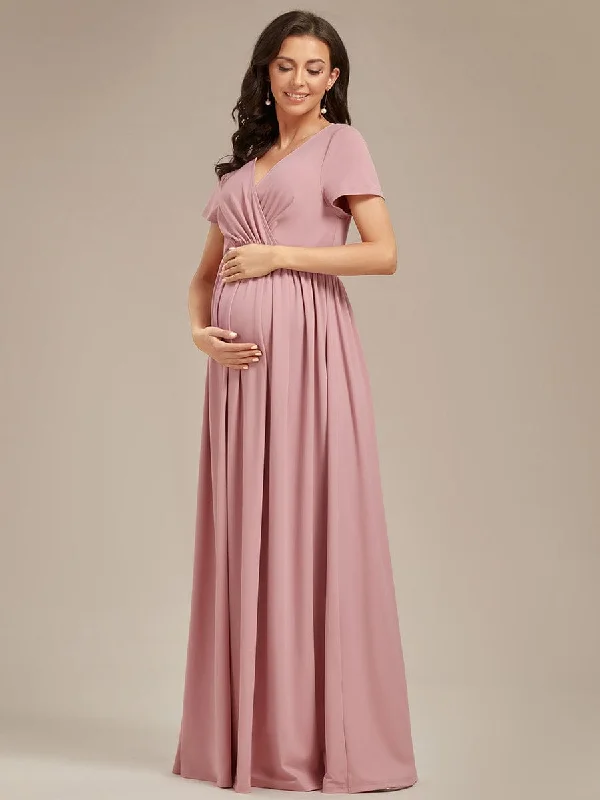 Best Deals Of The Season Comfortable Pleated V-Neck Short Sleeve Maternity Dress Graceful Cut