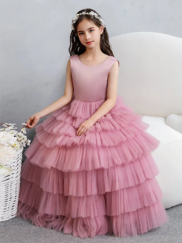 Premium Fashion Crew Neck Satin Tulle Flower Girl Dresses with Tiered Pleats & Bowknot Boho - Chic Festival - Ready Style