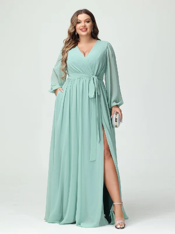 Fresh Styles, Fresh Deals A-Line/Princess V-Neck Long Sleeves Chiffon Plus Size Bridesmaid Dresses with Pockets Chic Allure