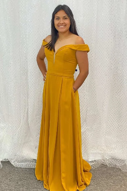 Durable Fashion Picks Turmeric Off-the-Shoulder A-Line Long Bridesmaid Dress with Pockets Vintage Look