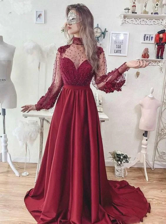 Luxury Fashion A-Line Burgundy High Neck Long Sleeve Backless Prom Dress  cg8384 Elegant Attire