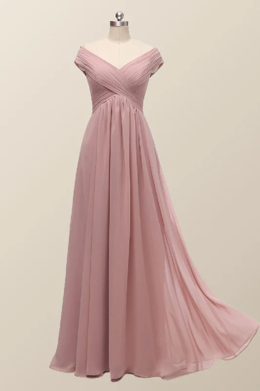 Fashion-Forward Offers Off the Shoulder Blush Pink A-line Bridesmaid Dress Elegant Details