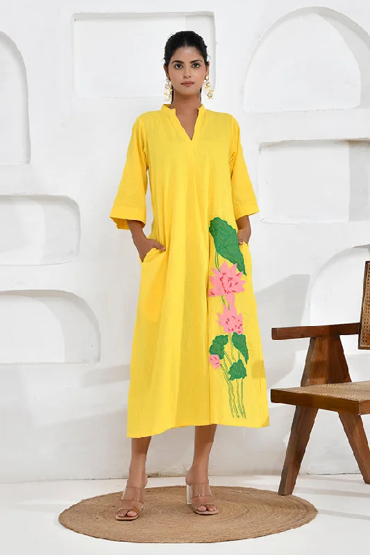 Must-Have Style Discounts Yellow Lotus Embroidery Shirt Dress Flowy Fabric