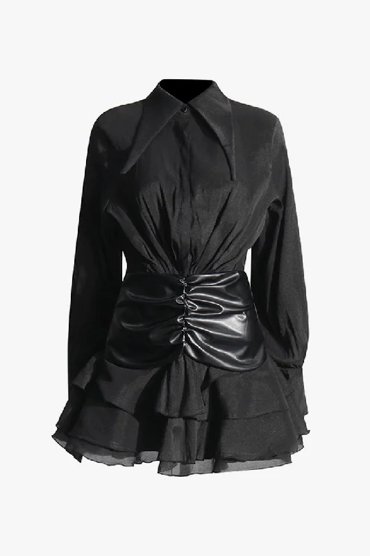 Unleash Your Trendy Side Unique Collar Button Up Ruched Leather Panel Ruffle Layered Mini Shirt Dress Charming Silhouette