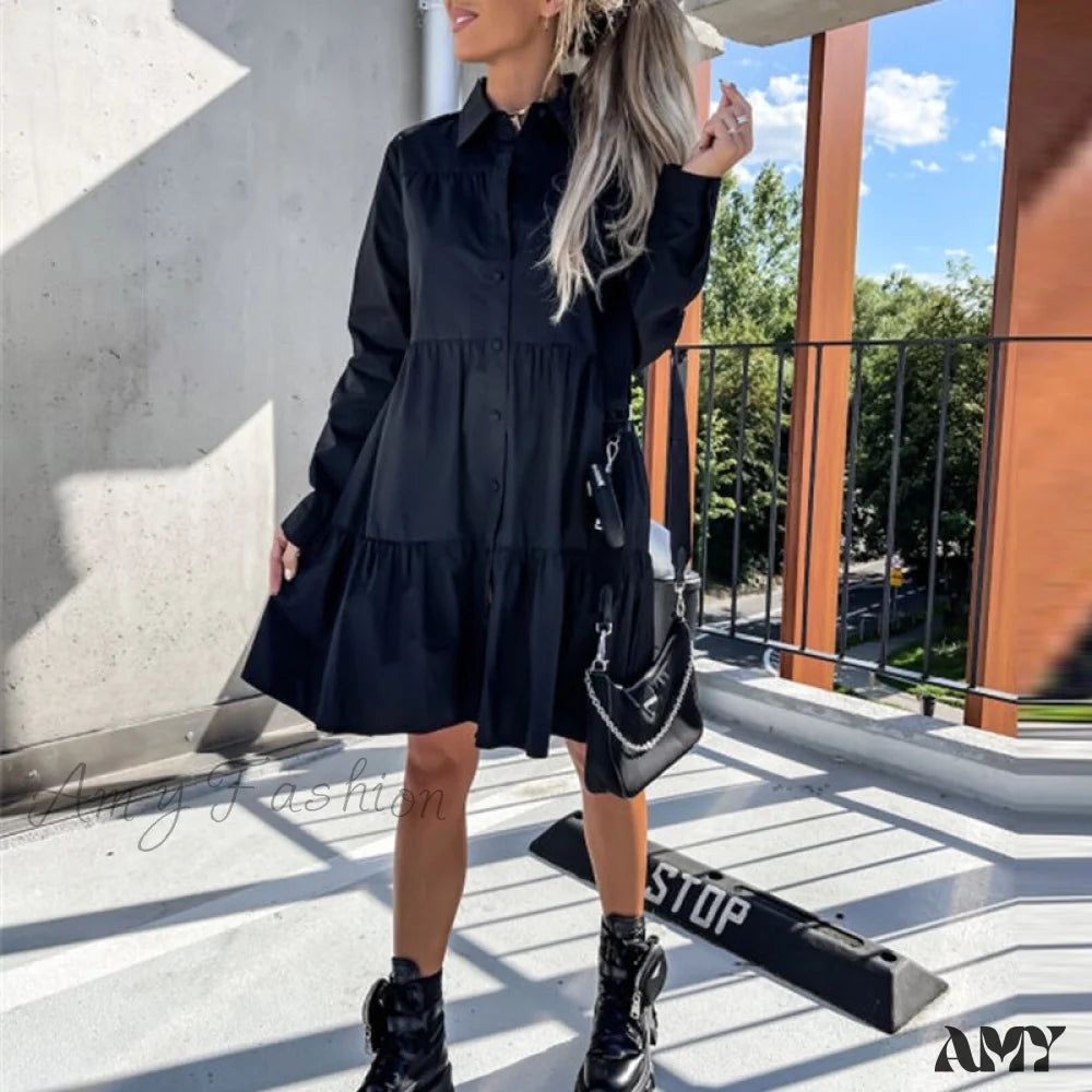 Dive Into Trendy Styles Amy Fashion - Long Sleeve Button Party Casual Loose Shirt Dress Modern Romance