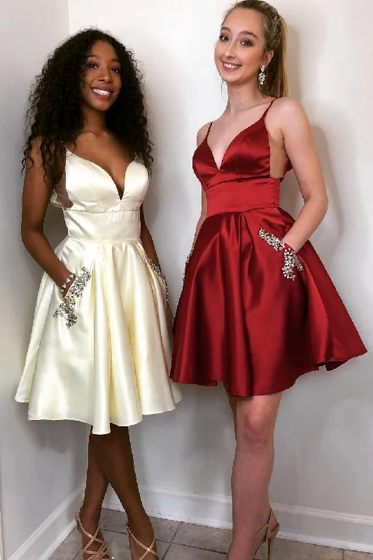 Modish Fashion Discounts Tamsin |A-line Spaghetti Straps Satin Homecoming Dress with Pockets Sleek Design