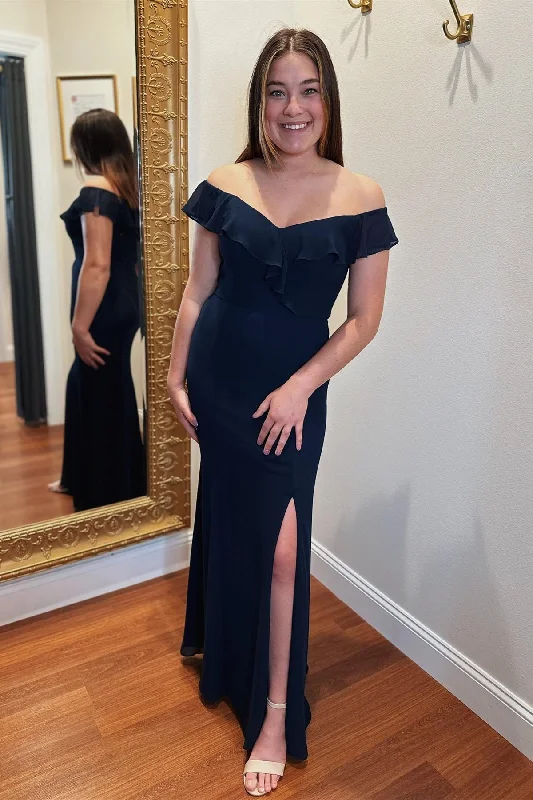 Catch Every Fashion Trend Dark Navy Off-the-Shoulder Ruffles Mermaid Long Bridesmaid Dress with Slit Hollywood Glam Award - Show Style