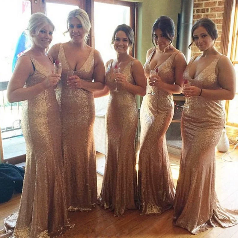 Exclusive Fashion Deals Long Sleeveless V Neck Sequin Rose Gold Bridesmaid Dresses with Train Feminine Soft - Hued Look