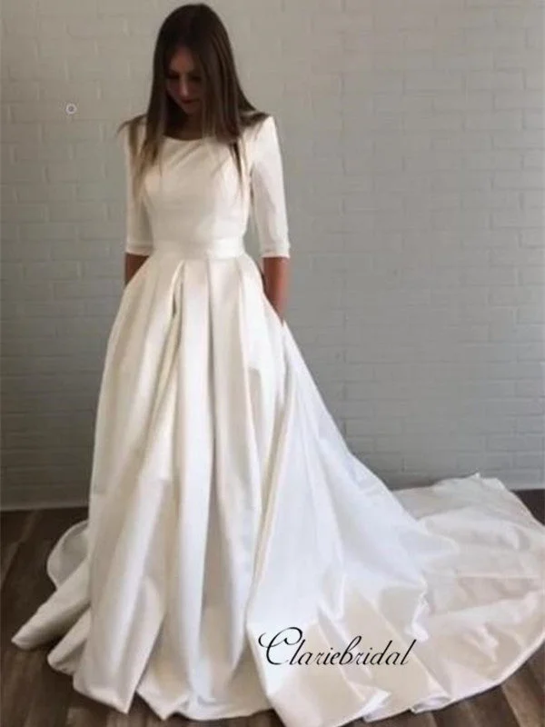 Vintage-Modern Style Offers Half Sleeves Wedding Dresses with Pockets, Simple Design Satin Wedding Dresses Big Savings on Minimalist Office Styles