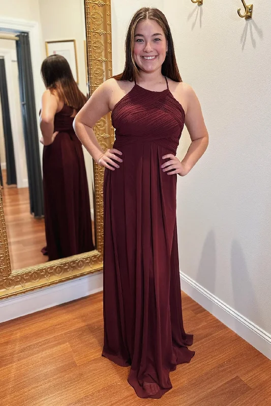 Fashion Frontiers Cabernet Chiffon Halter Pleated Long Bridesmaid Dress Rustic Countryside Charm Look