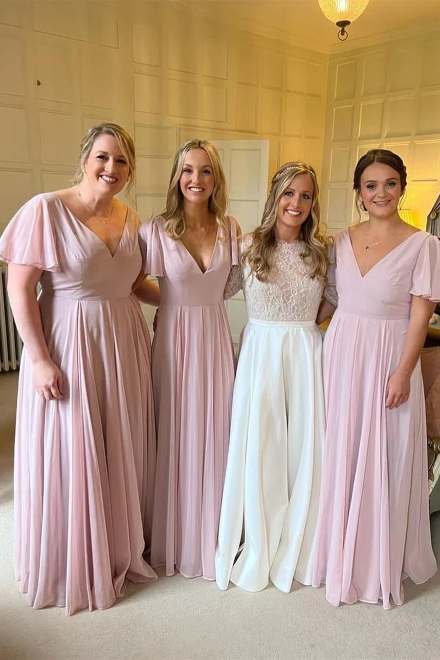 Clearance Sale, All Cheap Roycebridal Chiffon Long Pink Bridesmaid Dress A-Line V-neck Wedding Party Dress Save on Classic Elegant Styles