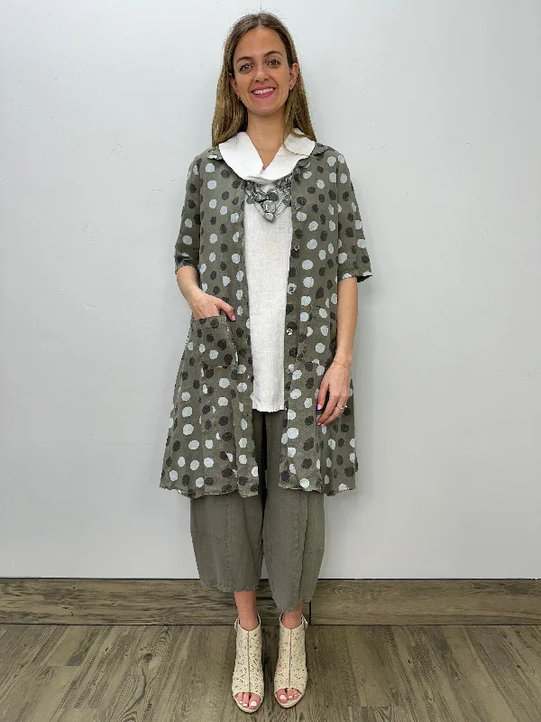 Essentials On Sale Olive Dots Linen Button Up Shirt Dress Bold Silhouette