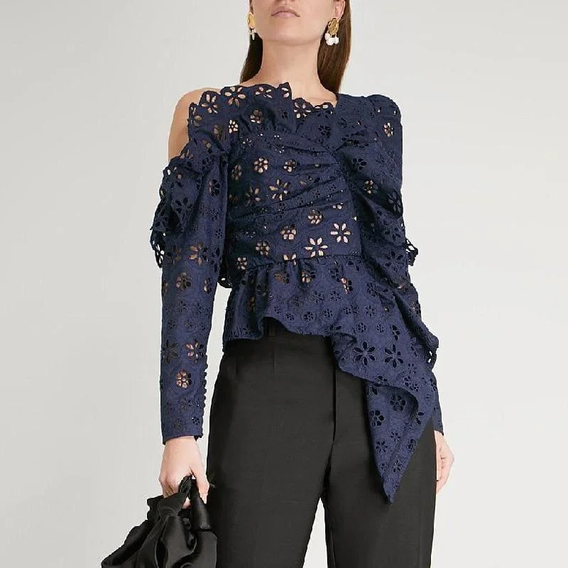 Relaxed Style Deals Lace Off Shoulder Hollow Out Asymmetrical Long Sleeve Blouse Feminine Elegance