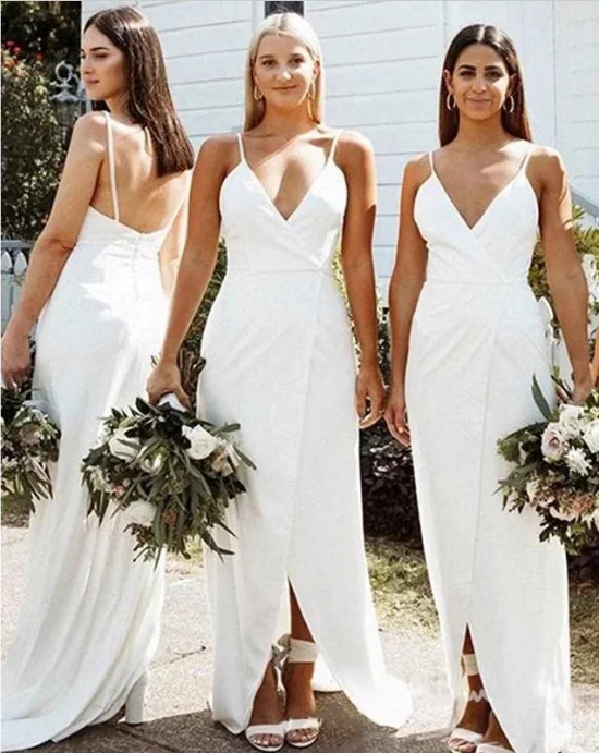 Edgy Fashion Deals Simple White Bridesmaid Dresses V Neck Sleeveless Boho Wedding Guest Dress Lightweight Fabric