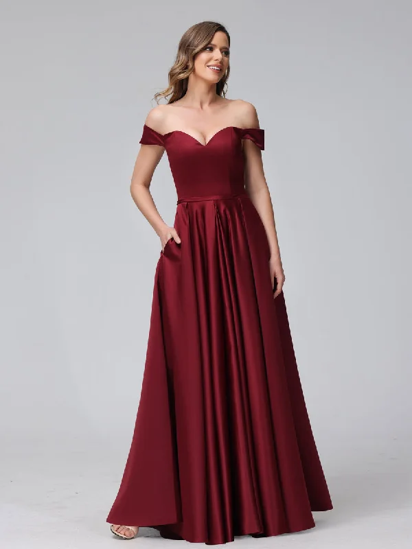 Feminine Style Promotions A-Line Off-the-Shoulder Sweetheart Satin Maxi Dresses with Pockets Flowy Fabric