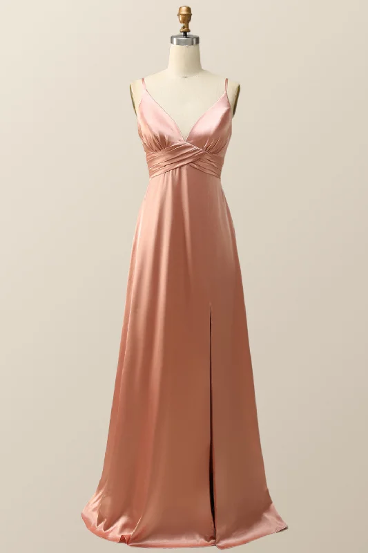 Smart Casual Deals Empire Blush Silk A-line Long Bridesmaid Dress with Slit Contemporary Chic