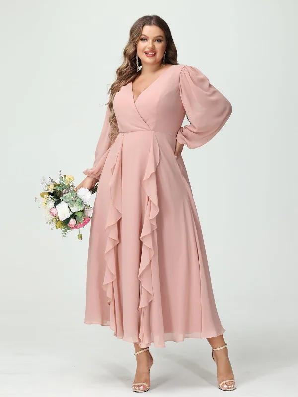 Evening Elegance A-Line/Princess V-Neck Long Sleeves Chiffon Tea-Length Ruffles Plus Size Bridesmaid Dresses with Pockets Weekend Special