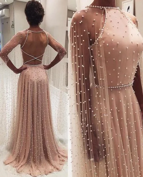 Smart Casual Deals Chic A-line Long Sleeve Prom Dresses Beading Pink Long Evening Dress  cg6369 Dreamy Aesthetic