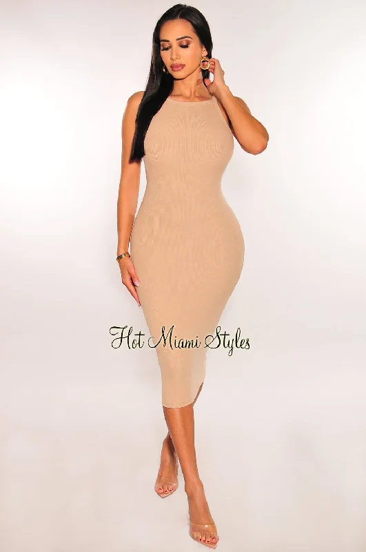 Best Deals Of The Season Mocha Ribbed Knit Racerback Cut Out Bodycon Dress Formal Outfit