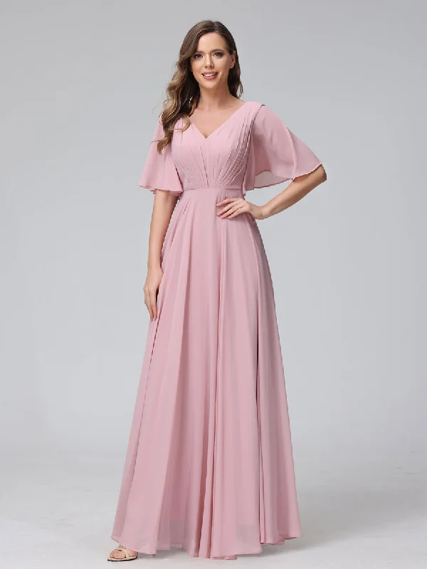 Sophisticated Style Offers A-Line V-Neck Half Sleeves Long Chiffon Bridesmaid Dresses With Ruffles Pockets Luxury Style