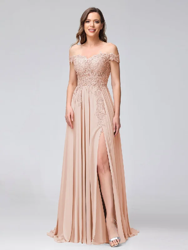 Fashion Sale A-Line Off-the-Shoulder Sleeveless Appliqued Chiffon Long Bridesmaid Dresses with Side Slit Playful Elegance