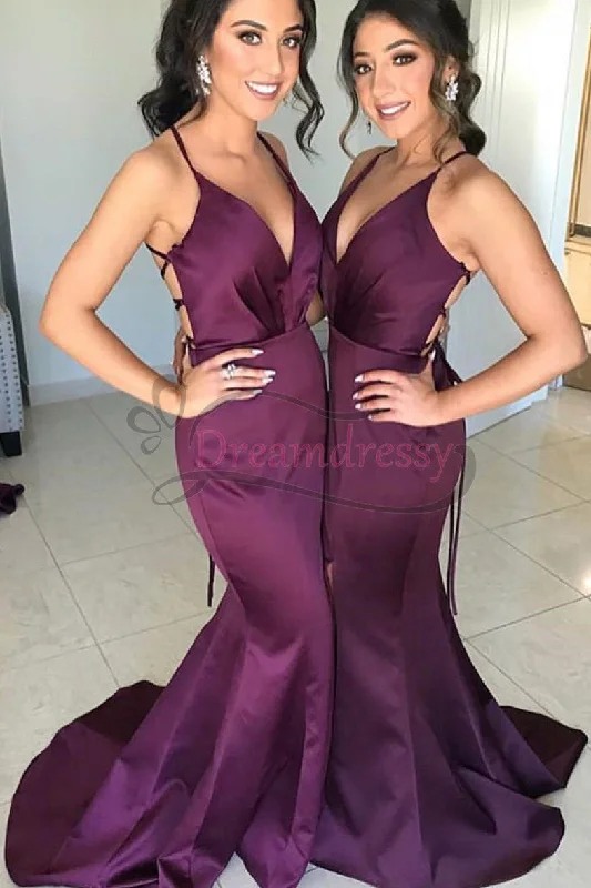 Massive Selection Sale Gorgeous Straps V Neck Plum Mermaid Long Bridesmaid Dress Disco - Inspired Retro Dance Look