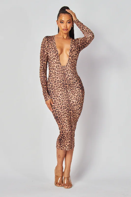 Seasonal Style Discounts Greta Deep V Leopard Print Bodycon Midi Dress Coastal Beach - Inspired Style