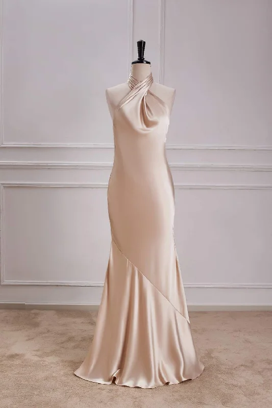 Explore What'S New Champagne Crossed Halter Mermaid Satin Long Bridesmaid Dress Casual Elegance