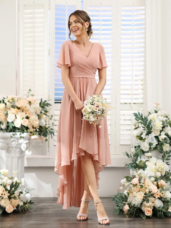 Seasonal Fashion A-Line V-Neck Short Sleeves Ruched Asymmetrical Chiffon Bridesmaid Dresses Feminine Soft - Hued Look