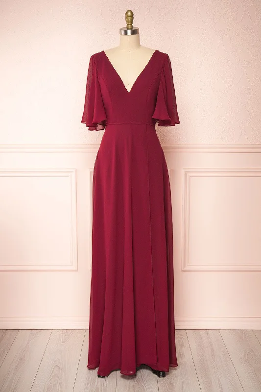 Timeless Elegance Redefined Adelphia Burgundy | V-Neck Chiffon Maxi Dress Casual Weekend Relaxed Style