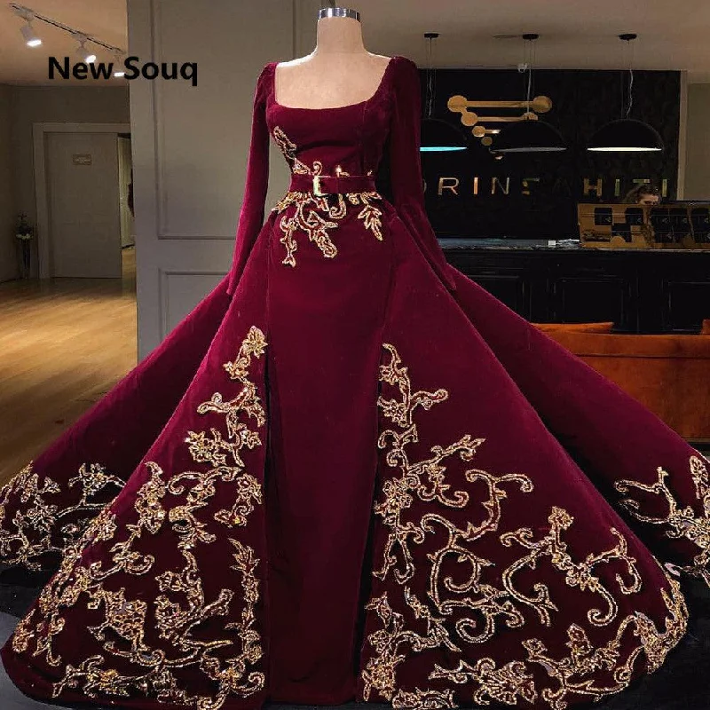 Explore What'S New Burgundy Long Sleeves Muslim Evening Dress With Detachable Skirt Bold Patterns