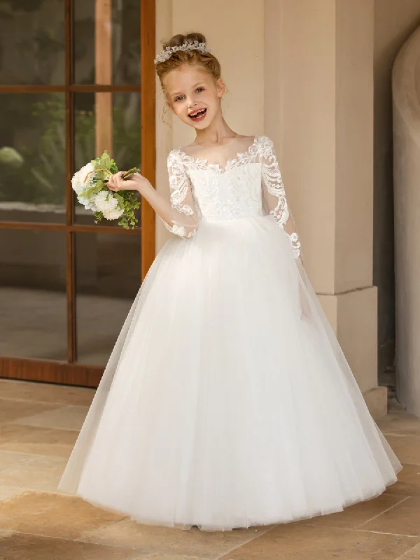 Fashionista Favorites Crew Neck Tulle Flower Girl Dresses with Applique & Satin Bowknot Lightweight Fabric