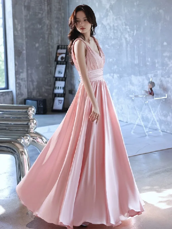 Fashion Sale V-neck Bridesmaid Dress,Pink Prom  Dress,sexy Party Dress,Elegant Evening Dress Flowing Silhouette