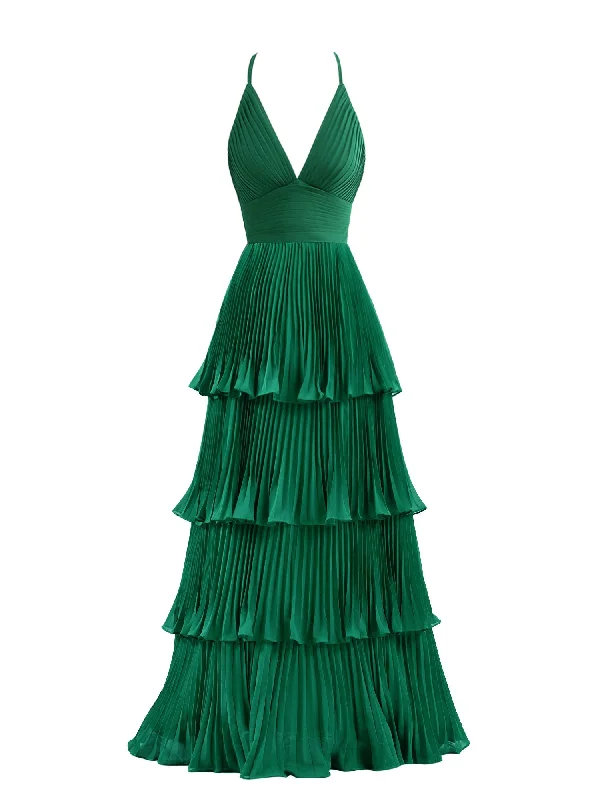 Dive Into Trendy Styles Dark Green A-Line Tiered Floor Length Chiffon Bridesmaid Dress Effortless Style