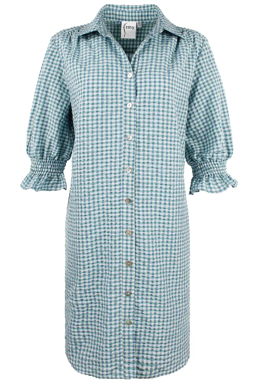 Cozy Comfort Style Sale Miller Shirt Dress Blue/Green/White Seersucker Check - Webstore Exclusive Cottagecore Rustic Charm Style